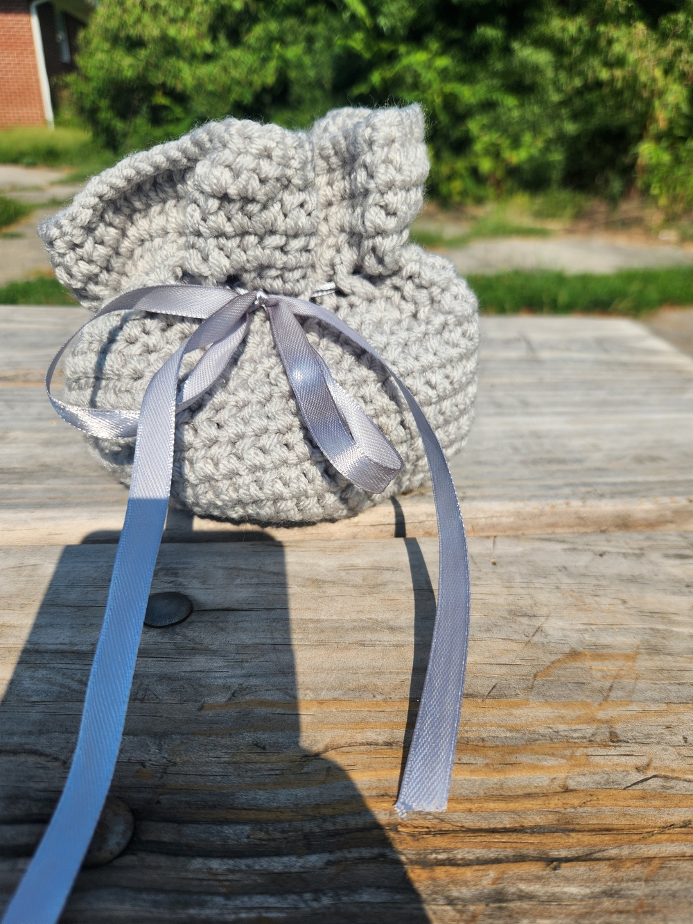 Handmade Light Gray Crochet Drawstring Pouch with Satin Ribbon